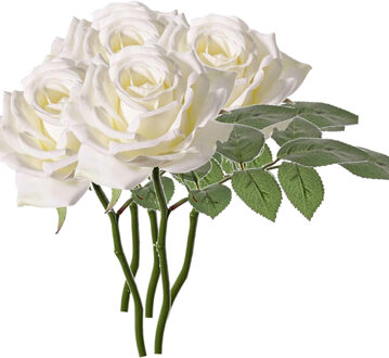 Kunstbloem Roos de luxe - 5x - wit - 30 cm - kunststof steel - decoratie bloemen