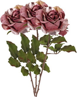 Kunstbloem roos Glamour - 3x - donker roze - satijn - 61 cm - kunststof steel - decoratie bloemen