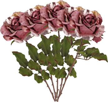 Kunstbloem roos Glamour - 5x - donker roze - satijn - 61 cm - kunststof steel - decoratie bloemen