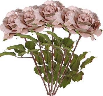 Kunstbloem roos Glamour - 5x - oud roze - 61 cm - satijn - kunststof steel - decoratie bloemen
