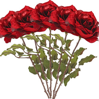 Kunstbloem roos Glamour - 5x - rood satijn - 61 cm - kunststof steel - decoratie bloemen