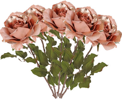 Kunstbloem roos Glamour - 5x - zalm met goudkleur - 61 cm - satijn - kunststof steel - decoratie blo
