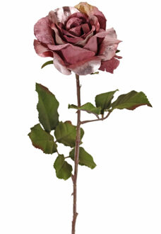 Kunstbloem roos Glamour - donker roze - satijn - 61 cm - kunststof steel - decoratie bloemen