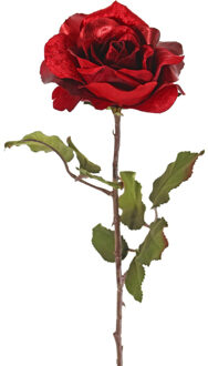 Kunstbloem roos Glamour - rood satijn - 61 cm - kunststof steel - decoratie bloemen