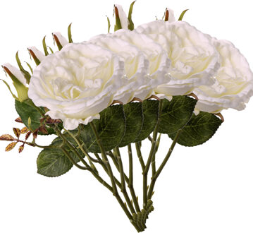 Kunstbloem roos Little Joy - 5x - wit - 38 cm - kunststof steel - decoratie bloemen