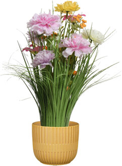 Kunstbloemen boeket lila paars - in pot okergeel - keramiek - H40 cm - Kunstbloemen