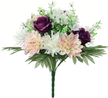 Kunstbloemen boeket roos/dahlia - paars/creme - H36 cm - Bloemstuk - Bladgroen - Kunstbloemen