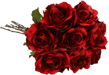 Kunstbloemen boeket roos Glamour - 8x - rood satijn - 61 cm - kunststof steel - decoratie bloemen
