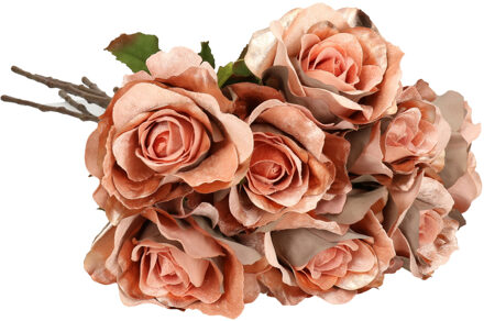 Kunstbloemen boeket roos Glamour - 8x - zalm met goudkleur - 61 cm - satijn - decoratie bloemen