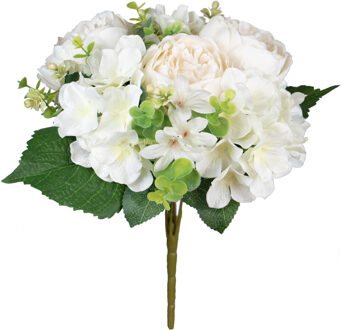 Kunstbloemen boeket roos/hortensia - creme/wit - H39 cm - Bloemstuk - Bladgroen - Kunstbloemen