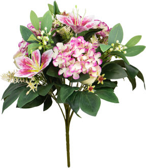 Kunstbloemen boeket roos/hortensia/lelie - roze/wit - H39 cm - Bloemstuk - Bladgroen - Kunstbloemen Multikleur