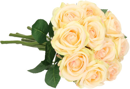 Kunstbloemen boeket roos Nina - 10x - creme wit - 27 cm - kunststof steel - decoratie bloemen