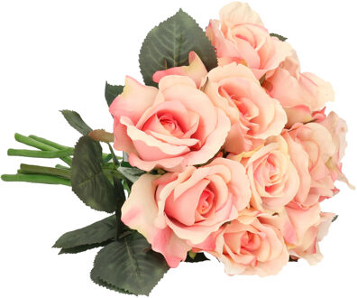 Kunstbloemen boeket roos Nina - 10x - lichtroze - 27 cm - kunststof steel - decoratie bloemen