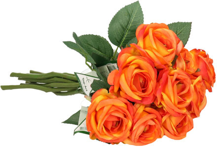 Kunstbloemen boeket roos Nina - 10x - oranje - 27 cm - kunststof steel - decoratie bloemen
