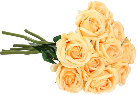 Kunstbloemen boeket roos Nina - 10x - perzik kleur - 27 cm - kunststof steel - decoratie bloemen
