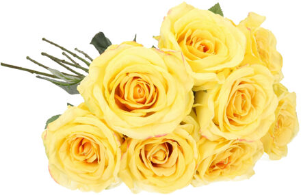 Kunstbloemen boeket roos Nova - 8x - lichtgeel - 75 cm - kunststof steel - decoratie bloemen