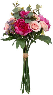 Kunstbloemen boeket Rozen - 53 cm - Bloemstuk - groen en roze tinten - Kunstbloemen Multikleur