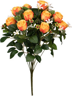 Kunstbloemen boeket rozen/bloesem met bladgroen - oranje - H49 cm - Bloemstuk - Kunstbloemen