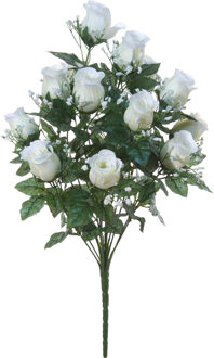 Kunstbloemen boeket rozen/gipskruid - wit - H56 cm - Bloemstuk - Bladgroen - Kunstbloemen