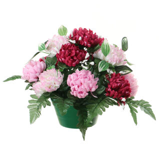 Kunstbloemen in pot - cerise/roze - D30 x H24 cm - Bloemstuk ornament - crysanten met bladgroen - Kunstbloeme