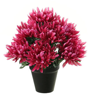 Kunstbloemen plant in pot - cerise roze tinten - 28 cm - Bloemenstuk ornament - Chrysanten - Kunstbloemen