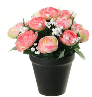 Kunstbloemen plant in pot - roze/wit tinten - 20 cm - Bloemenstuk ornament - Kunstbloemen