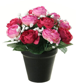 Kunstbloemen plant in pot - roze/wit tinten - 20 cm - Bloemenstuk ornament - Kunstbloemen