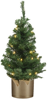 Kunstboom/kunst kerstboom groen 60 cm met verlichting en gouden pot - Kunstkerstboom Goudkleurig