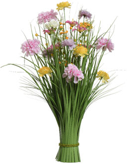 Kunstgras boeket bloemen - anjers - lila paars - geel - H70 cm - lente boeket - Kunstbloemen