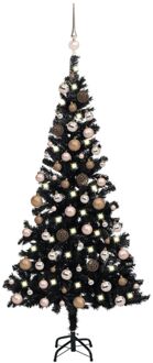 Kunstkerstboom met LED's en kerstballen 180 cm PVC zwart