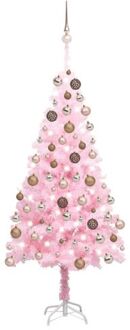 Kunstkerstboom met verlichting en kerstballen 150 cm PVC roze