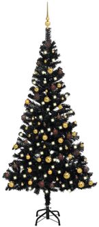 Kunstkerstboom met verlichting en kerstballen 150 cm PVC zwart