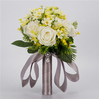Kunstmatige Bruiloft Bloemen Bruidsboeketten Voor Bruiden Handgemaakte 7 Kleuren Bruidsboeketten met Lint Buque de noiva wit