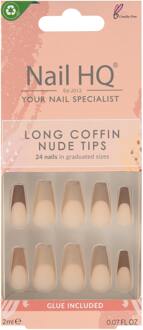 Kunstnagels Nail HQ Long Coffin Nude Tips 24 pcs + 2 ml