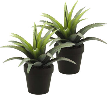 Kunstplant Agave Bush - 2x - groen met stekels - in zwarte pot - 18 cm