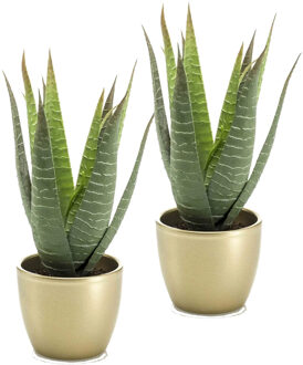 Kunstplant Aloe Vera - 2x - groen - in gouden pot - 23 cm - Kunstplanten Goudkleurig