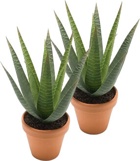 Kunstplant Aloe Vera - 2x - groen - in terracotta pot - 23 cm - Kunstplanten Bruin