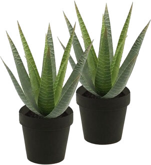 Kunstplant Aloe Vera - 2x - groen - in zwarte pot - 23 cm