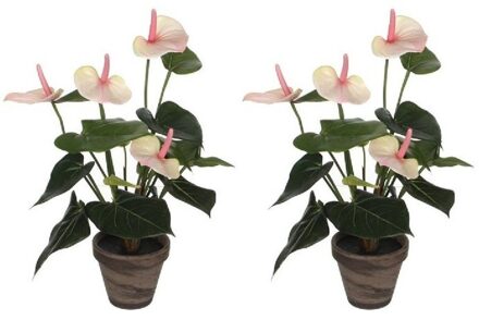 Kunstplant Anthurium - 2x - lichtroze - 40 cm - in grijze pot - nepplant - kamerplant
