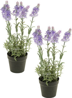 Kunstplant Lavendel - 2x - lila paars - 28 cm - in pot - Lavandula - nepplant - kamerplant
