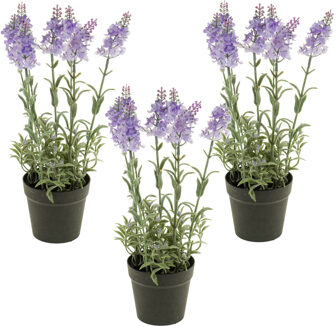 Kunstplant Lavendel - Set van 3x stuks - lila paars - 28 cm - in pot - Lavandula - nepplant - kamerp