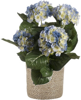 Kunstplant met plantenmand - Hortensia hdrangea - blauw - rotan pot - bruin