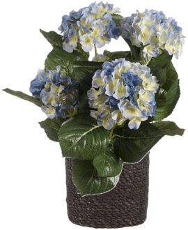 Kunstplant met plantenmand - Hortensia hdrangea - blauw - rotan pot - grijs