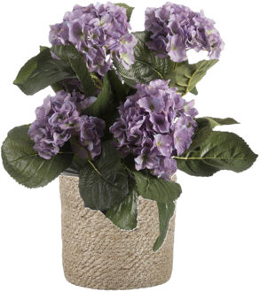 Kunstplant met plantenmand - Hortensia hdrangea - paars - rotan pot - bruin