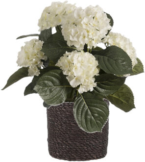 Kunstplant met plantenmand - Hortensia hdrangea - paars - rotan pot - grijs