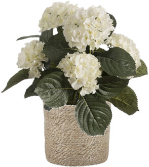 Kunstplant met plantenmand - Hortensia hdrangea - wit - rotan pot - bruin