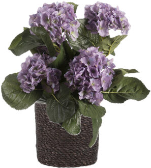 Kunstplant met plantenmand - Hortensia hdrangea - wit - rotan pot - grijs