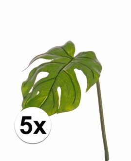 Kunstplant Monstera tak - 5x stuks - bladgroen steel - 55 cm - gatenplant takken