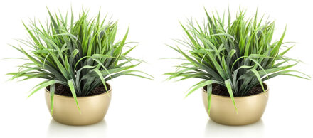 Kunstplant - Set van 2x stuks - siergras - groen - in gouden pot - 33 cm