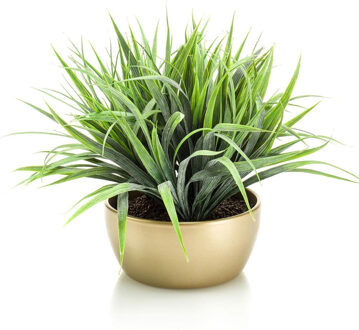 Kunstplant - siergras - groen - in gouden pot - 33 cm